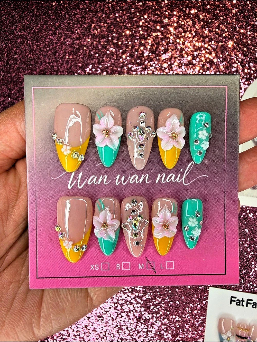 3 PACK OF 20 Hand-Painted Press-On Nail Sets in Pink & Green